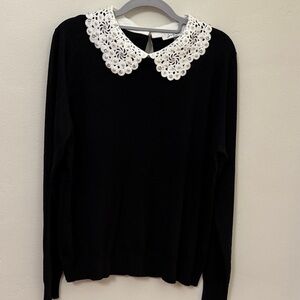 Sioni Black Sweater with White Lace Pearl Rhinestone Collar - Stunning